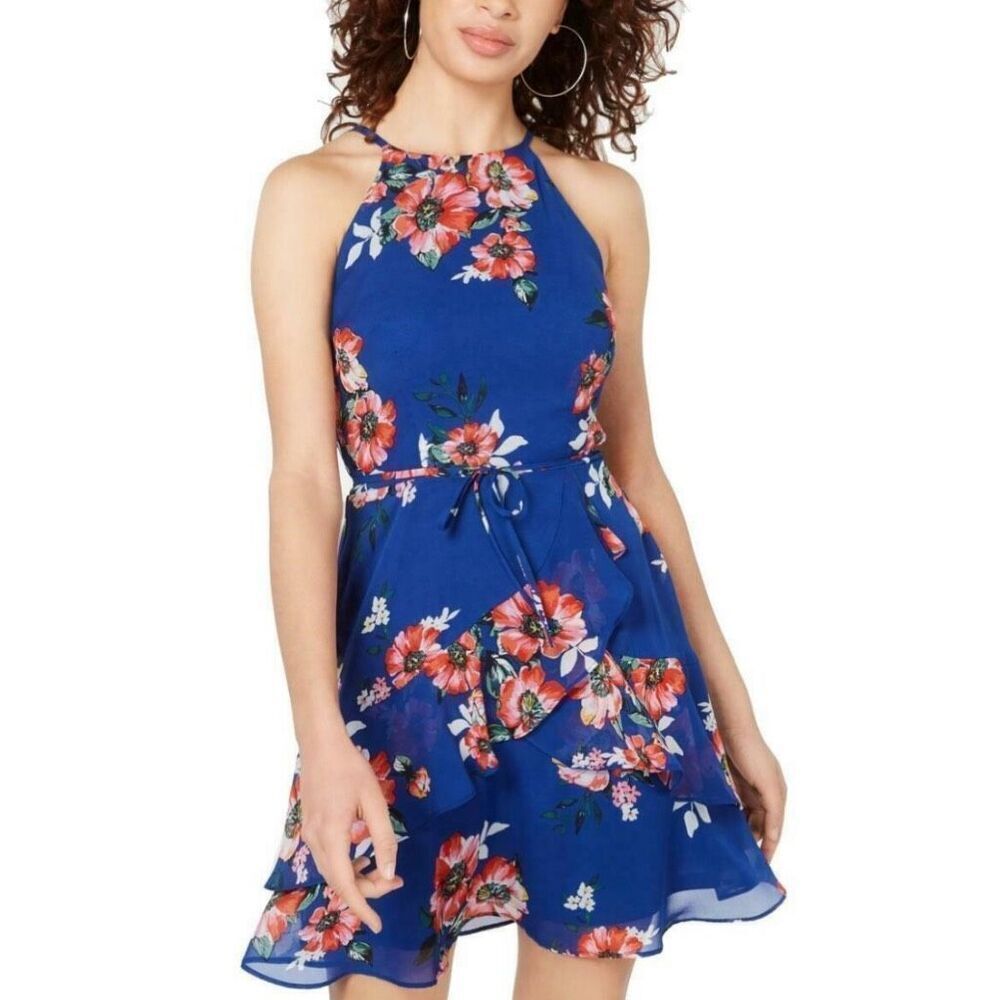 NWT BCX Women's/Juniors' Blue Floral Fit and Flare Mini Dress.  Size Small